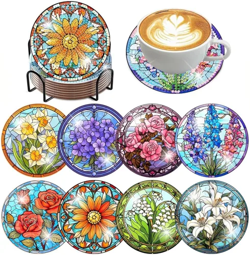 Vista 24 de ijbnhd 8 posavasos de pintura de diamantes de animales, posavasos de arte de diamantes con soporte para principiantes y adultos, suministros