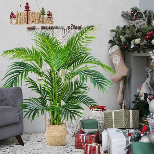 Vista 2 de Worth Garden - Palma areca artificial de 4 pies, 2 paquetes en maceta, palmera de caña falsa para interiores y exteriores, Dypsis Lutescens, planta