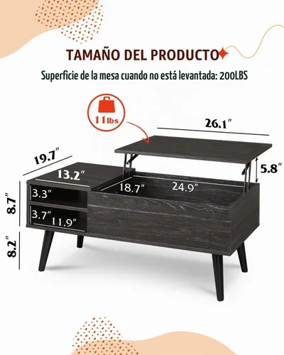 Vista 3 de WLIVE - Mesa de centro de madera con parte superior elevable, compartimento oculto y estante de almacenamiento ajustable, mesa elevable para comedor
