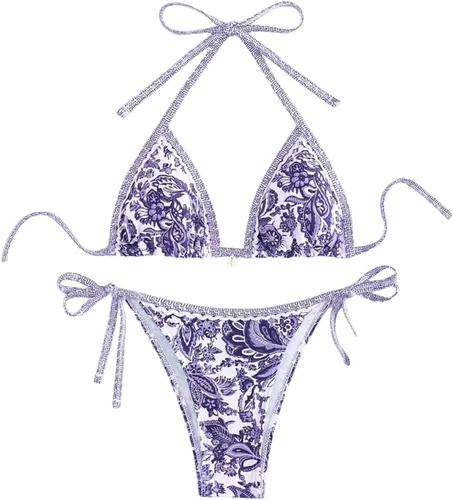 Vista 8 de WDIRARA Traje de baño de dos piezas para mujer estilo boho con estampado floral, conjunto de bikini halter con tiras en forma de triángulo