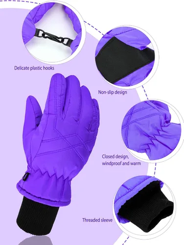 Vista 4 de 2 pares de guantes impermeables para niños, guantes de nieve cálidos para invierno, guantes de esquí para niños y niñas, resistentes al viento