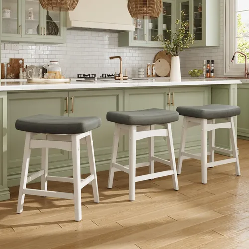 Vista 22 de MAISON ARTS Juego de 4 taburetes de bar grises para encimera de cocina, patas de madera maciza con asiento de silla de montar de piel sintética