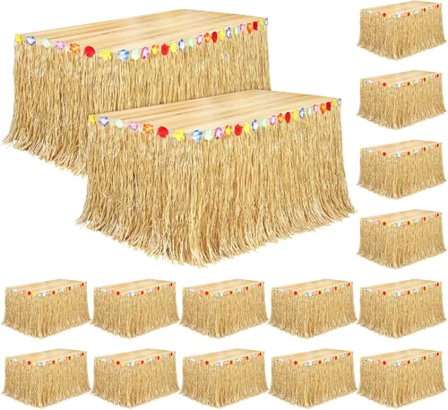 Vista 22 de Fovths Luau - Falda de mesa de hierba natural de 9 pies x 29.5 pulgadas, falda de mesa hawaiana para decoraciones de fiesta hawaiana tropical, Verde