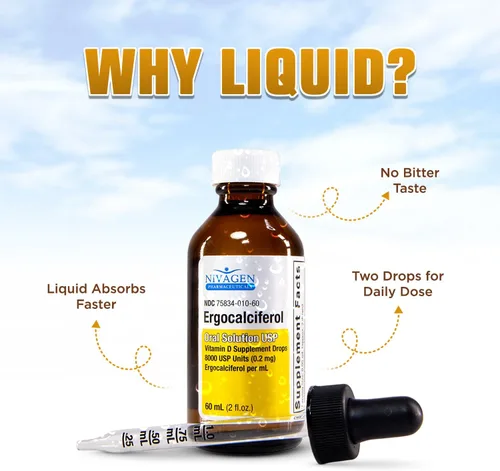 Vista 4 de Nivagen Gotas líquidas de vitamina D2 de 8,000 USP (ergocalciferol) 400 UI por porción 2 gotas una vez al día 1,200 porciones, 2.0 fl oz
