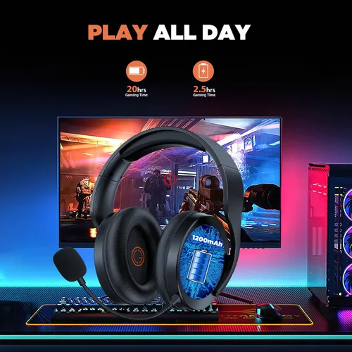 Vista 4 de OCG Auriculares para juegos inalámbricos duales sin pérdida 2.4G Bluetooth para juegos con micrófono desmontable de 1.969 in - para PC, PS4, PS5