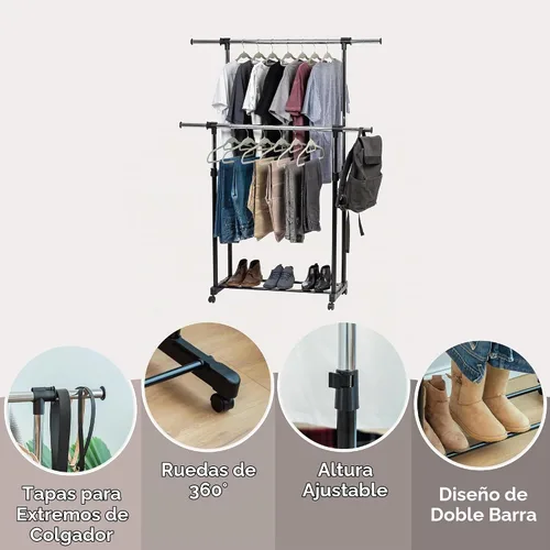Vista 3 de IRIS USA Perchero portátil de doble barra ajustable con barra extensible