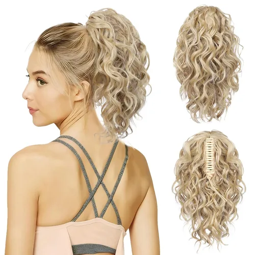 Vista 9 de Flufymooz Extensión de cola de caballo, extensión de cola de caballo corta de 12 pulgadas con pinza de garra, cabello ondulado rizado, clip