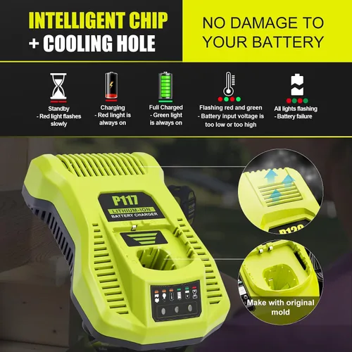 Vista 6 de 【Actualización】 Cargador de repuesto para cargador Ryobi de 18 V P117 compatible con Ryobi 12V-18V One+ batería de litio NiCad NiMh P102 P108 P189