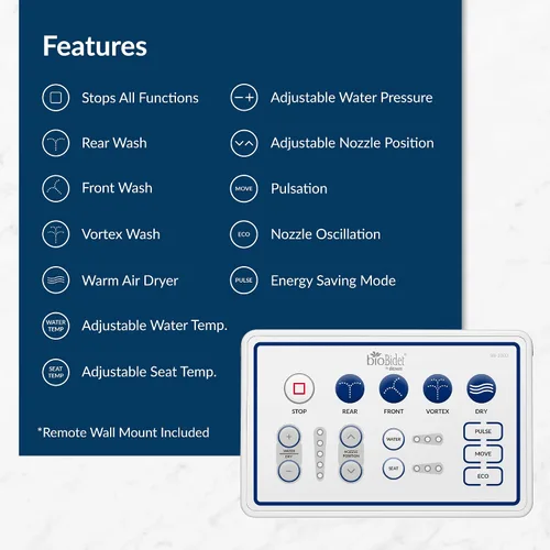 Vista 6 de Bio Bidet BB1000 Asiento de bidé de agua caliente, secador de aire, asiento calefactable con tapa de cierre lento, control remoto, redondo