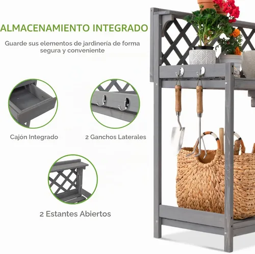 Vista 3 de Best Choice Products Banco para macetas de jardín al aire libre, mesa de trabajo de madera con cajón de gabinete, estante abierto, almacenamiento