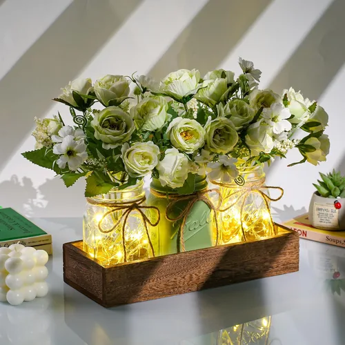 Vista 2 de 3 Piezas Centro de Mesa con Tarro de Conservas Decoraciones para Comedor, Mesa de Café de Granja con Bandeja de Madera y Luz LED, Centros de Mesa