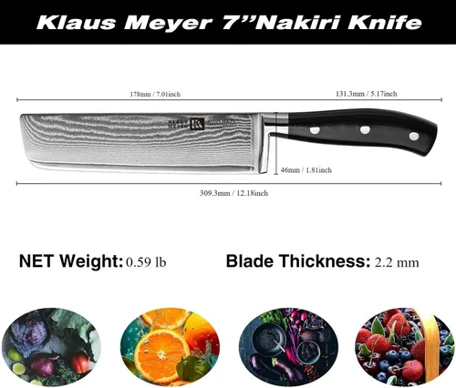 Vista 6 de Klaus Meyer Argos Damasco - Cuchillo Nakiri de acero de 7 pulgadas con funda de madera