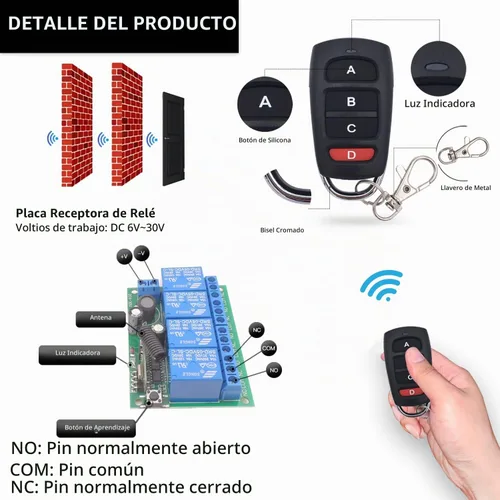Vista 4 de DieseRC DC 12V 24V 4CH Interruptor de control remoto inalámbrico DC 6-30V 10A 4 canales 433MHz Receptor de relé de radiofrecuencia con 2