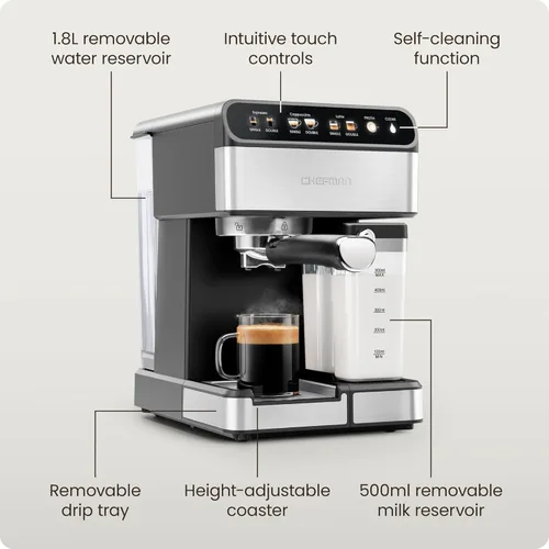 Vista 7 de Chefman CaféMaster Pro - Máquina de café expreso, prepara shots individuales o dobles, cafetera con espumador de leche integrado para capuchino