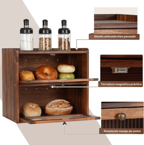 Vista 4 de Sunhoo Panera para encimera de cocina, contenedor de almacenamiento de pan de madera, contenedor de almacenamiento de pan de 2 capas, soporte