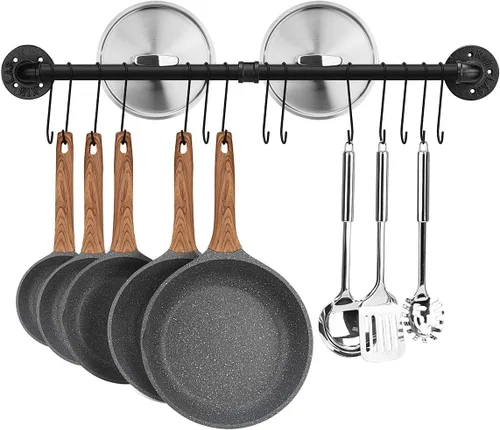 Vista 7 de Toplife Riel de ollas de 23.7 pulgadas, organizador de utensilios de cocina montado en la pared con riel colgante desmontable para sartenes y tapas