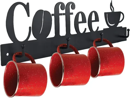 Vista 2 de Soporte de pared para taza de café con 12 ganchos, 3 paquetes de estante de metal para tazas con letrero de té, colgador de tazas para bar