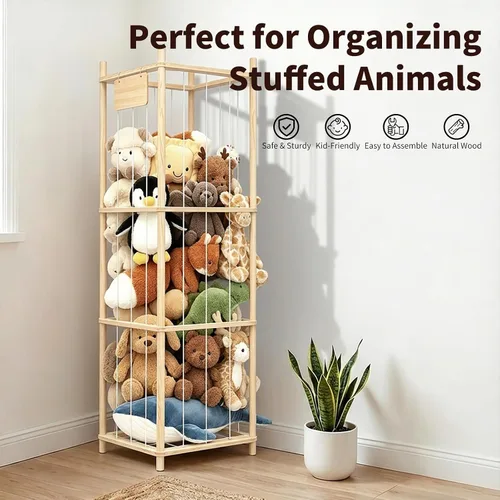 Vista 4 de Almacenamiento de animales de peluche, soporte de madera para juguetes de zoológico para habitaciones de niños, organizador de juguetes de ahorro