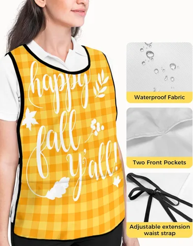 Vista 4 de Happy Fall Leaf Yall Cobbler Aprons with 2 Pockets for Women Men, Thanksgiving Autumn Orange Plaid Wheat