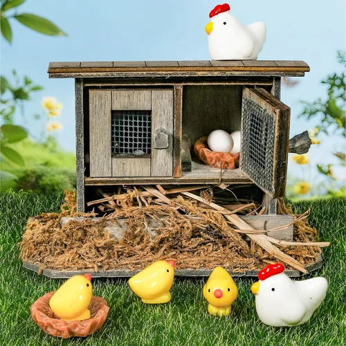 Vista 9 de Hiawbon Mini gallinero de madera retro en miniatura para pollo, gallinero, pollo, huevo, adorno de nido de pollo, micro paisaje, decoración