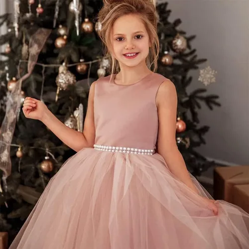 Vista 2 de Vestido de niña de flores para boda, espalda abierta, sin mangas, de tul de princesa, vestido de baile con nudo de lazo