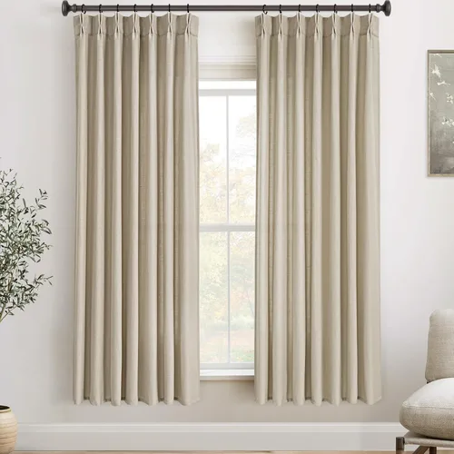 Vista 12 de Cortinas de lino de 63 pulgadas, juego de 2 paneles para sala de estar, beige natural, cortinas con pliegues pellizco entrenadas con memoria