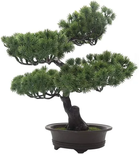 Vista 4 de Árbol de pino bonsái artificial, planta sintética de 11 pulgadas en maceta, adornos falsos para maceta, planta de bonsái de cedro japonés