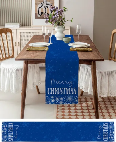Vista 3 de Camino de mesa de Navidad de 48 pulgadas de largo, diseño de arpillera y algodón para cocina, redondo, cuadrado, boda, café, mesa de comedor, Copo