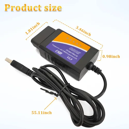 Vista 2 de Adaptador de cable de diagnóstico OBDII USB V1.5 Escáner OBD2 para múltiples marcas CAN-Bus para Windows, escáner de fallas de coche OBDII, tester