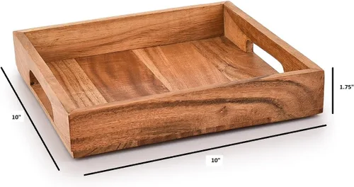 Vista 6 de Bandeja de madera de acacia con asas, bandeja de madera para servir, bandeja de aperitivos, bandeja de desayuno, ideal para desayuno, café