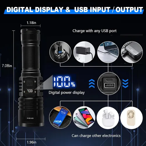 Vista 3 de Linternas LED Recargables de Alto Lúmenes, Linterna de 10000mAh de Alta Potencia Impermeable Más Brillante Linterna Zoomable con Foco