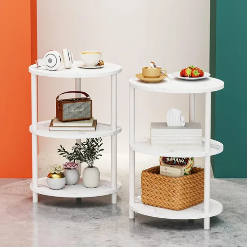 Vista 11 de Mesa auxiliar redonda pequeña, mesa decorativa ovalada de 3 niveles para espacios pequeños, mesita de noche de madera rústica y metal para sala