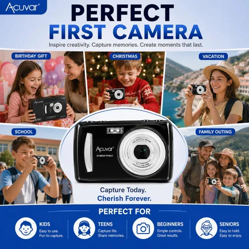 Vista 8 de Acuvar - Cámara digital de 16 MP, cámara compacta de apuntar y disparar con pantalla LCD de 2.4 pulgadas, tarjeta micro SD de 32 GB, cámara de viaje