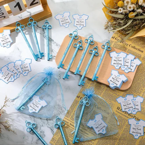 Vista 4 de Geyoga 50 juegos de recuerdos de fiesta de baby shower, 50 bolígrafos elegantes con forma de llave, bolígrafos de tinta de gel, 50 tarjetas de Azul