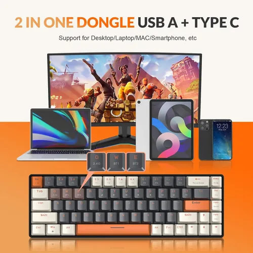 Vista 2 de MAGIC-REFINER Teclado mecánico 60% inalámbrico, Bluetooth 5.02.4GHz con receptor 2 en 1 de modo dual, teclado ergonómico compacto de 68 teclas