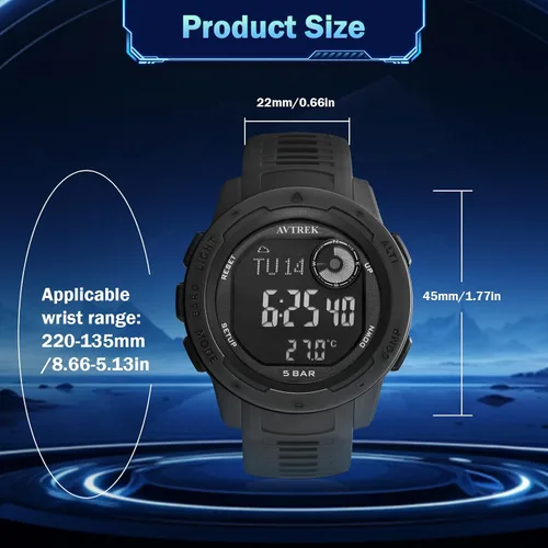 Vista 3 de Reloj táctico para hombre con brújula, podómetro digital impermeable 50M, altímetro para senderismo al aire libre y escalada (negro)