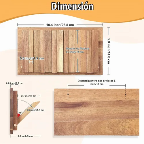 Vista 9 de Pequeño Perchero para Apartamento: 10.4 Pulgadas de Madera Rústica con 6 Ganchos de Pared Montable Retractable para Espacios Estrechos, Entrada