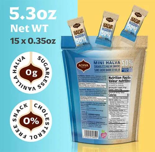 Vista 5 de Achva Kosher - Mini barras Halva sin azúcar, bolsa de aperitivos de 15 unidades cada barra 0.35 onzas de peso neto 5.3 onzas (paquete de 2)