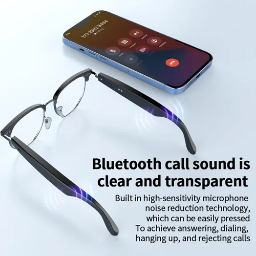 Vista 7 de PUSOKEI Gafas inteligentes, gafas de sol de audio, micrófono y altavoz integrados, protección U V00, auriculares de oído abierto, control táctil