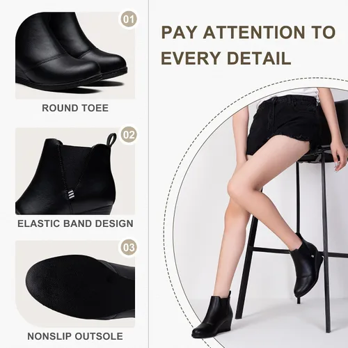 Vista 4 de Vepose Botas de tobillo para mujer, botines de tacón de cuña negro, zapatos casuales para mujer