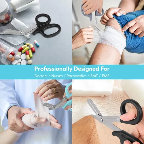 Vista 2 de Tijeras de trauma premium paquete de 3 – Tijeras médicas de 7.5 pulgadas para enfermeras, EMT y primeros auxilios – Negro, cielo aguamarina, gris