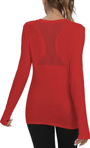 Vista 3 de Mippo Camisetas de entrenamiento de manga larga para mujer, ajuste holgado, malla para yoga, atletismo, gimnasio, túnica con agujero para el pulgar