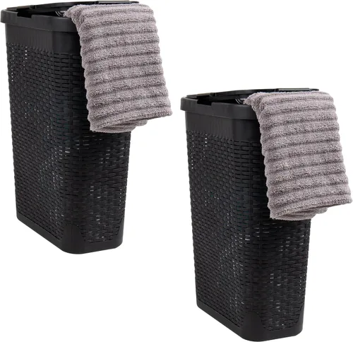 Vista 8 de Mind Reader Cesta de lavandería delgada con tapa, cesta de ropa de 40 L, diseño de mimbre premium, plástico, azul bebé