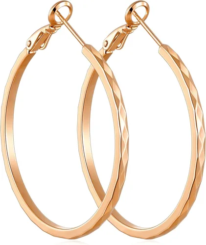 Vista 17 de Aretes de aro de corte de diamante para mujer, aro ligero y fino Dorado