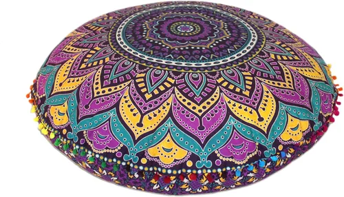 Vista 42 de CRAFT KALA Funda de cojín redonda grande de 32 pulgadas para el suelo bohemio, funda de puf boho, funda de cojín de mandala para meditación, cojines