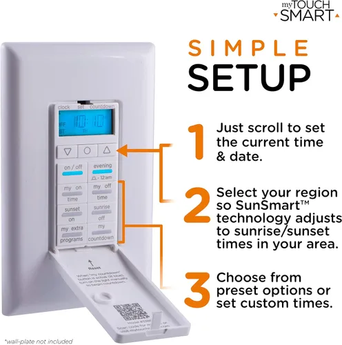 Vista 5 de myTouchSmart 33861 LE Temporizador digital de pared, interruptor de puerta de empuje, pantalla LED retroiluminada, 8 tiempos de encendido/apagado