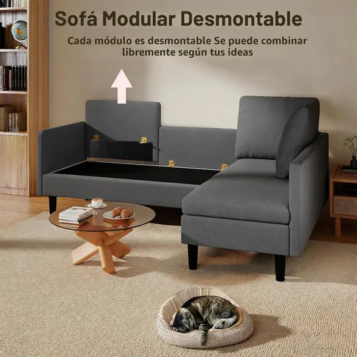 Vista 5 de Gizoon Sofá modular modular en forma de L, sofá cama moderno de 4 asientos con módulos desmontables, tela de tela de rizo, 6 patas para sala de Gris