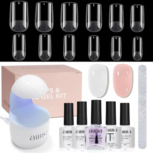 Vista 12 de AILLSA Kit de uñas almendra con lámpara UV, 240 piezas de puntas de uñas cortas de gel y kit de pegamento en gel con pegamento de uñas 2 en 1, capa