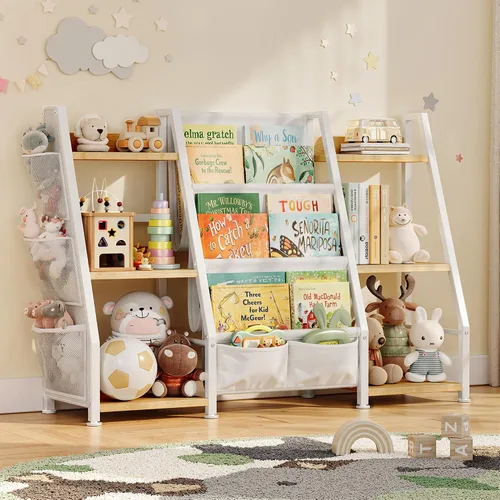 Vista 8 de Estantería infantil y organizador de almacenamiento de juguetes: estante para libros para habitación de niños con cajón para almacenar libros