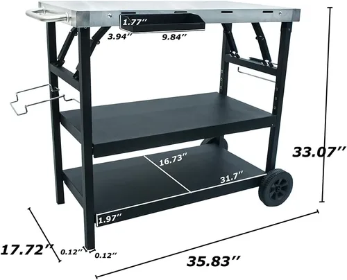 Vista 5 de Thunderbay Carrito plegable para parrilla de 3 niveles, carrito de utilidad movible para preparación de alimentos, mesa de horno de pizza